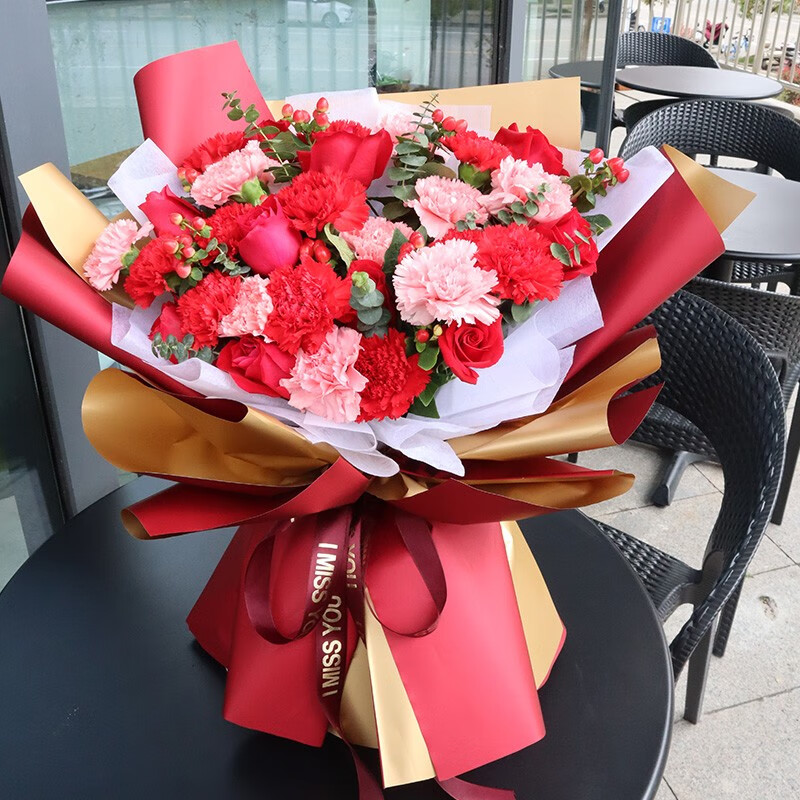 钰尚 鲜花速递红色康乃馨鲜花花束礼盒百合混搭送妈妈岳母长辈探望