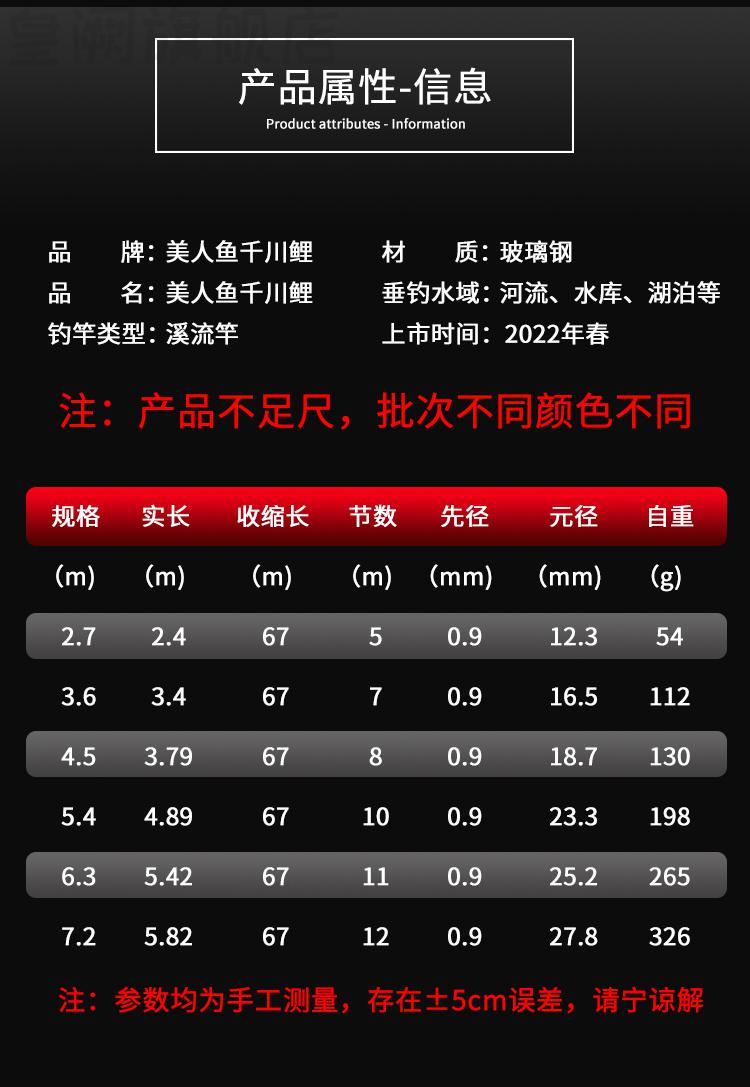 美人鱼官方旗舰版千川鲤鱼竿手竿超轻超硬钓垂钓鱼竿鲫鱼竿鲤鱼竿短节