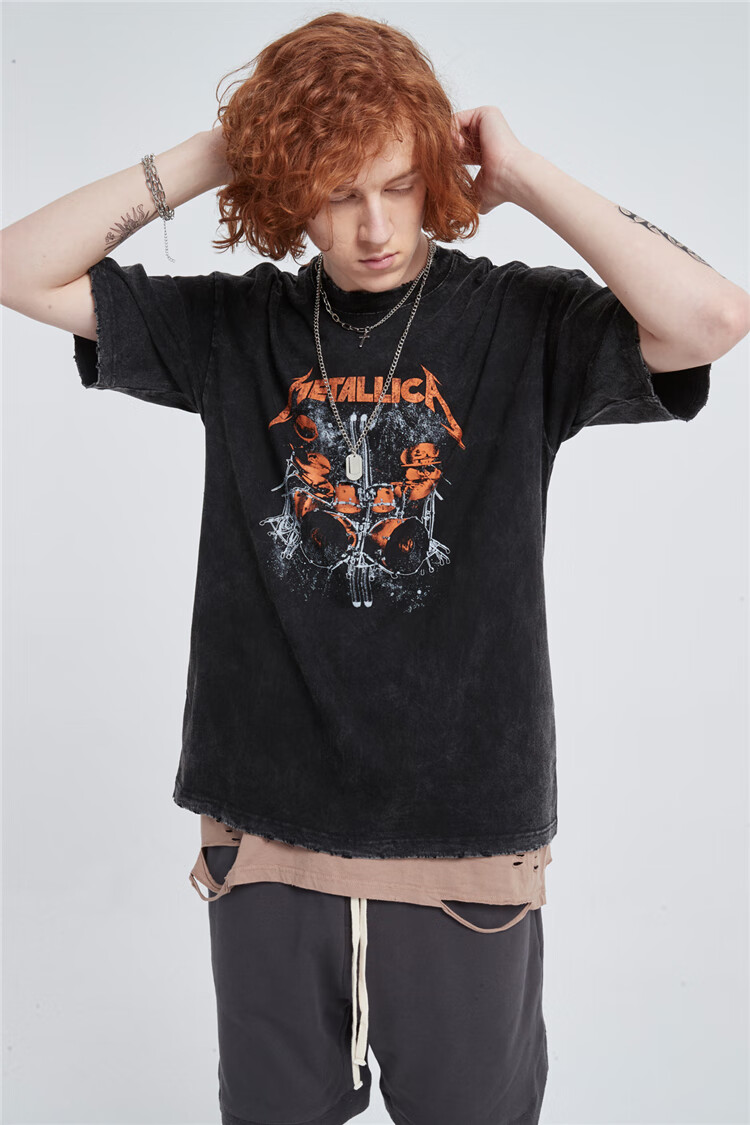 metallica短袖t恤欧美高街 重金属摇滚乐队活结水洗做旧朋克丧潮牌风