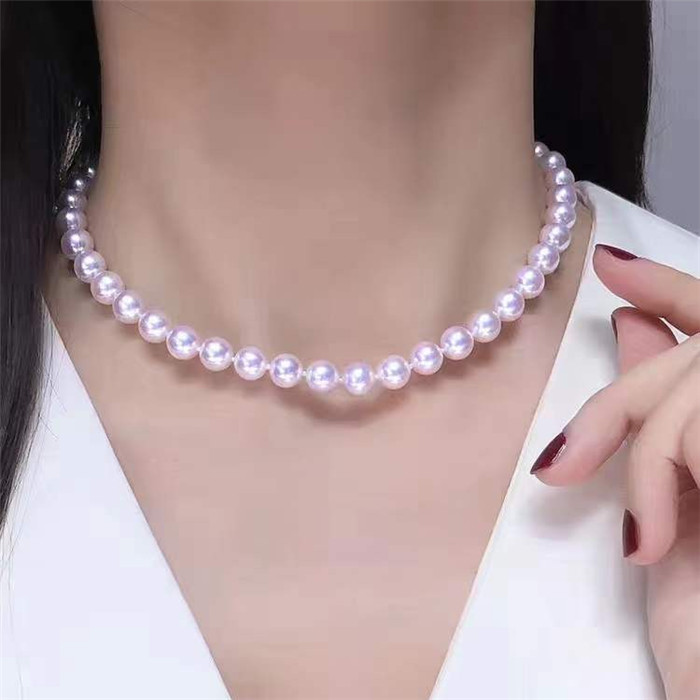 顶妃极光天女日本akoya海水珍珠项链正圆无暇白透粉极强光极光天女657