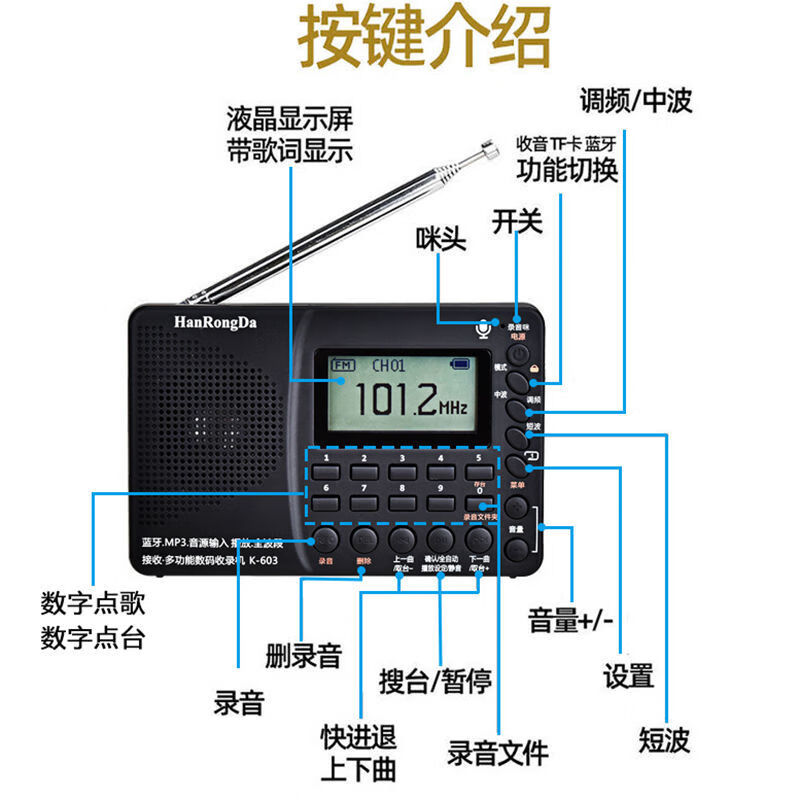 数码收音机全波段多功能老人便携收音机可充电插卡蓝牙音响录音机
