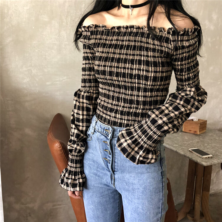 小性感显瘦短款恤女一字肩上衣春季木耳边格子小衫长袖 黑色 均码