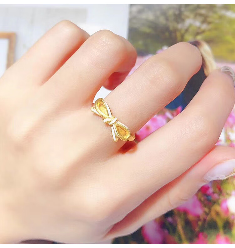 3d硬金黄金蝴蝶结戒指足金素圈指环少女新款999足金婚送女友11号约150