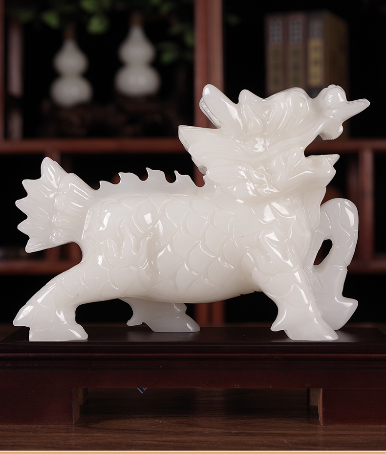 昨日青空玉石麒麟摆件一对酒柜办公室桌装饰 店铺客厅商铺摆设品 小号