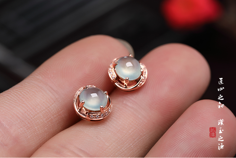 墨韵a货翡翠耳钉冰种翡翠蛋面耳钉 18k玫瑰金镶钻石耳环女款耳饰