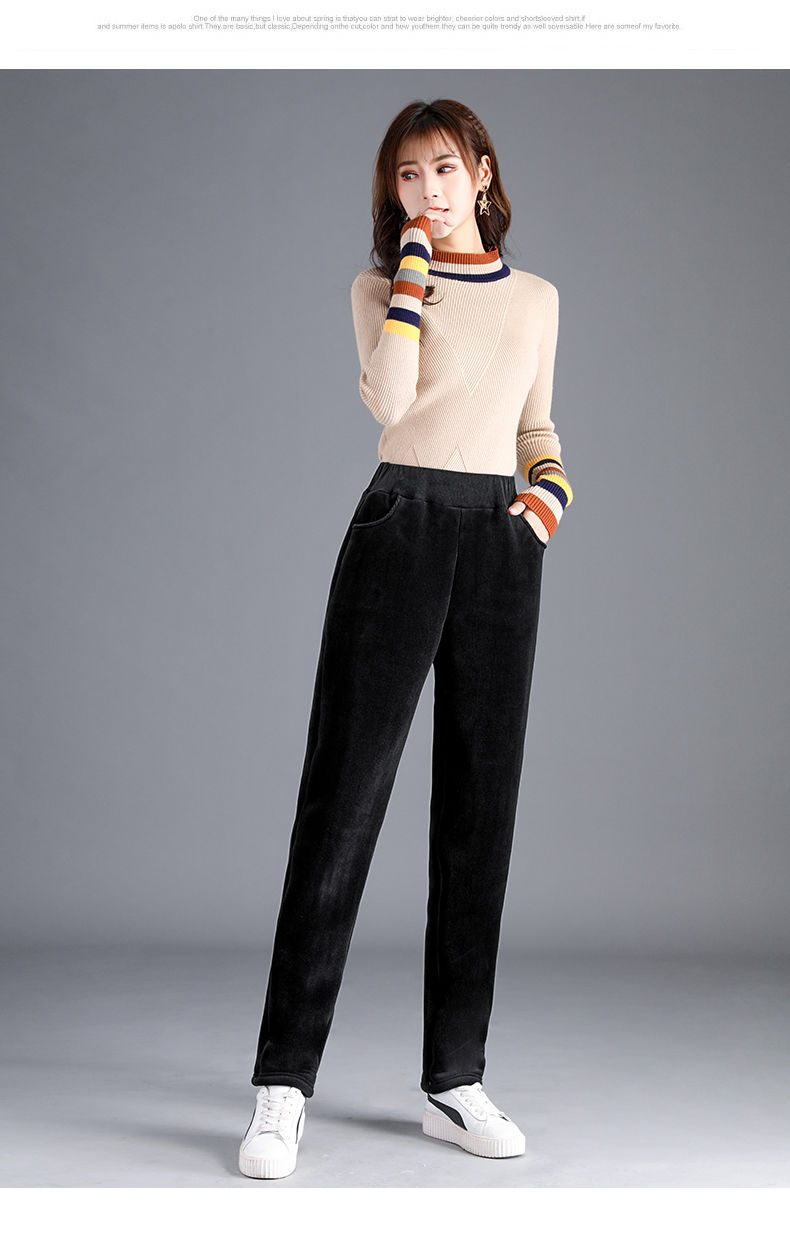 加绒/薄款灯芯绒裤子女萝卜裤秋季宽松羊羔绒哈伦裤加绒厚老爹裤 黑色