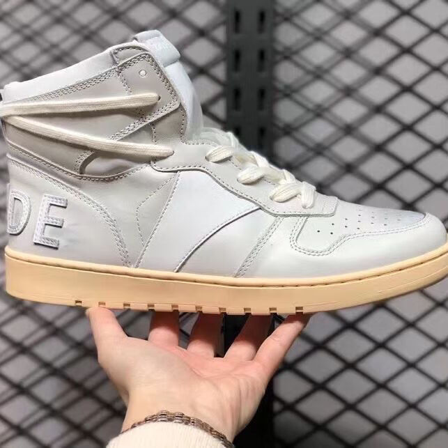 欧美高街rhude高帮做旧皮面绑带复古刘宪华同款男女情侣休闲潮鞋纯原