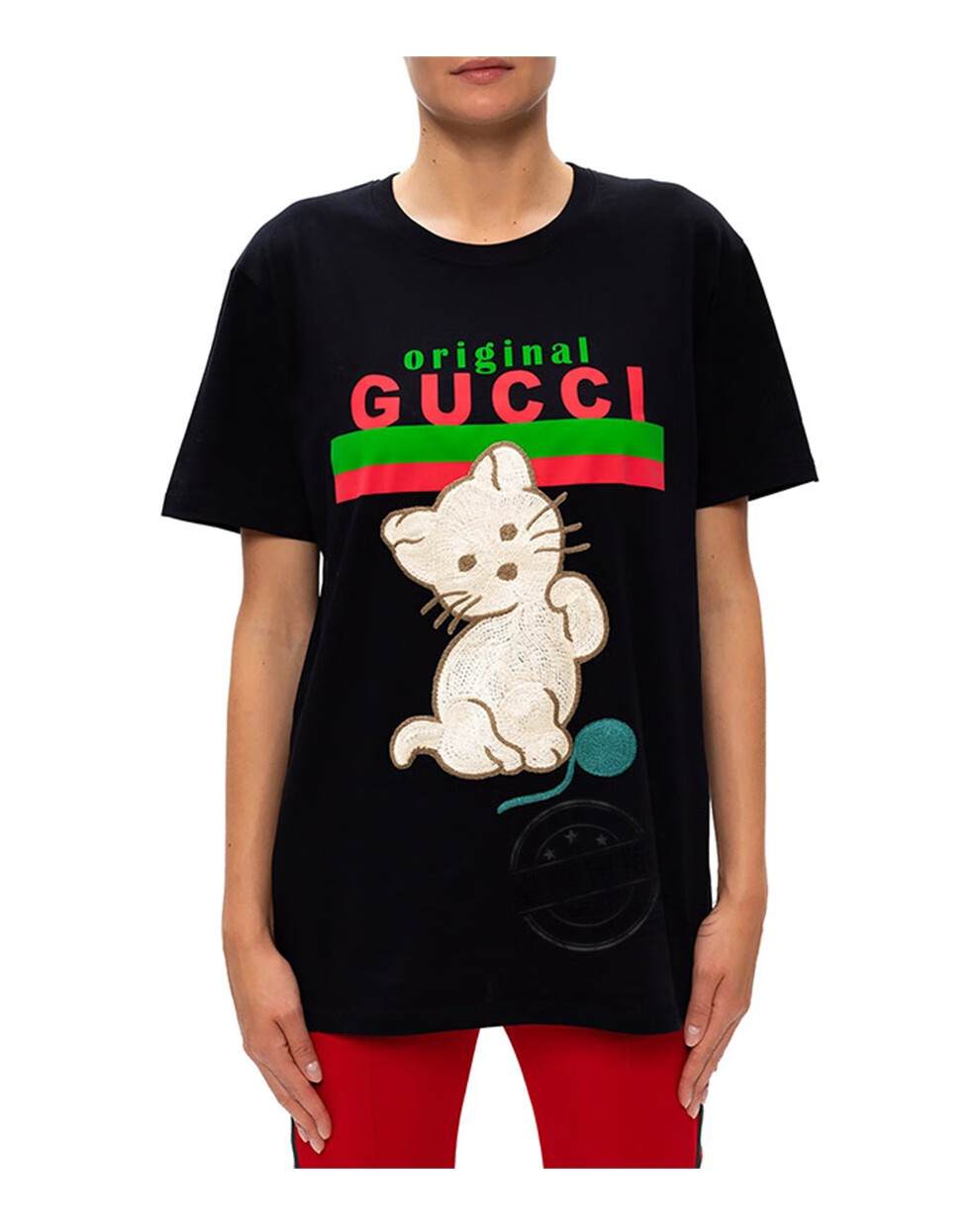 【礼物】gucci古驰t恤女式猫咪字母贴饰图案圆领短袖 615044 黑色 xs
