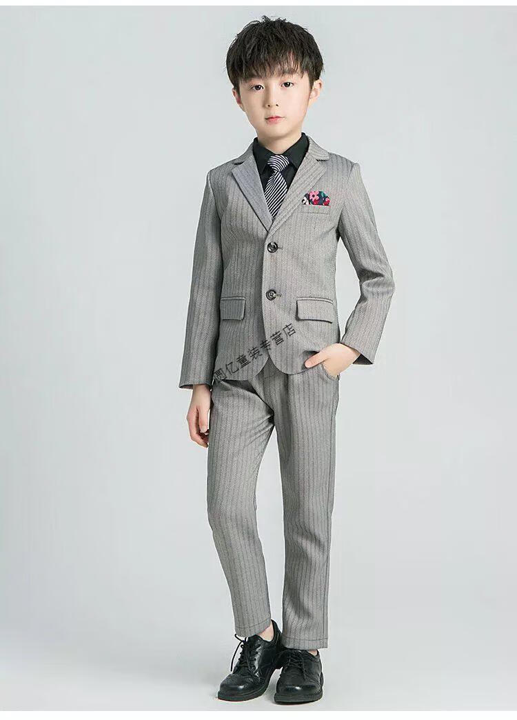 花童礼服男小孩演讲帅气演出服松紧 灰色(外套加绒款)5件套(含领带)