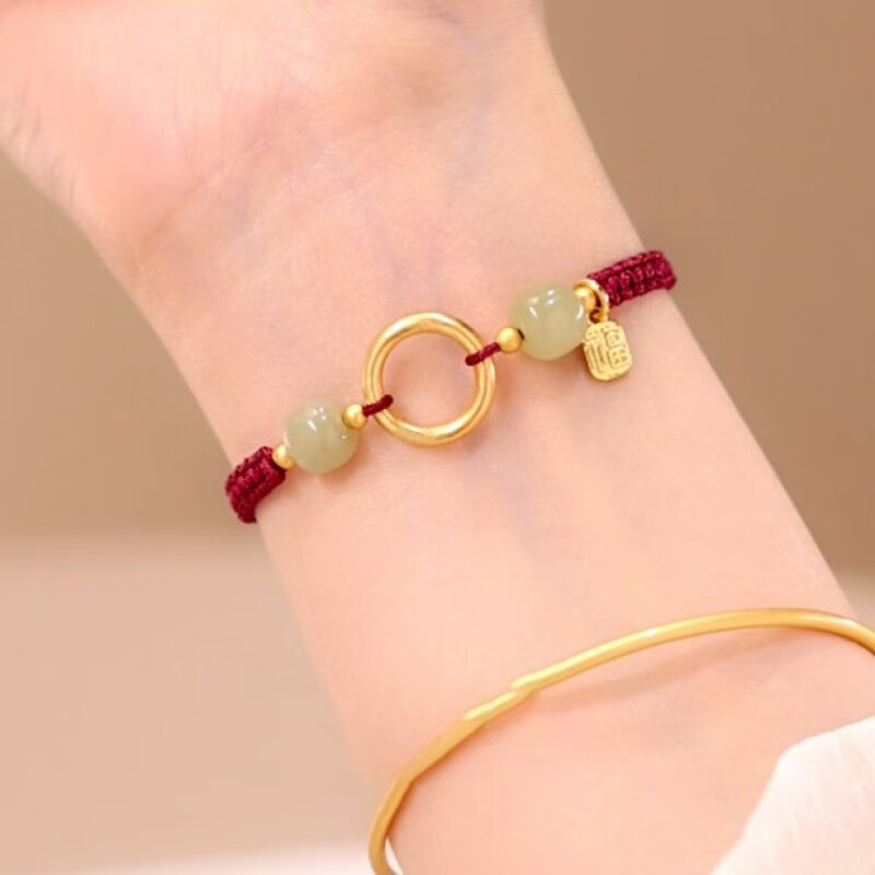 月石缘珠宝甜甜圈新疆和田玉手链女手串925转运圈圈时尚可调节手编绳
