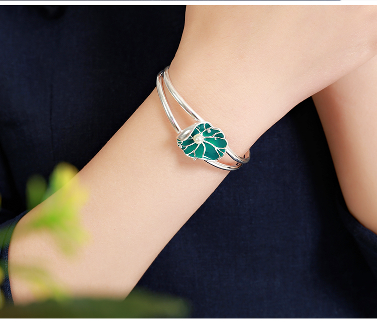 钧弘景泰蓝荷叶手镯女银饰品首饰999足银镯子镶嵌珍珠精致手饰情人节