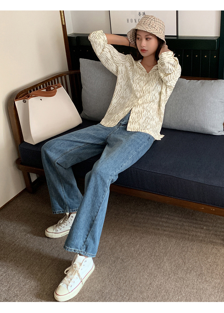 韩版炫雅猫须垂感拖地牛仔裤女式港味复古宽松高腰长裤松紧带后腰