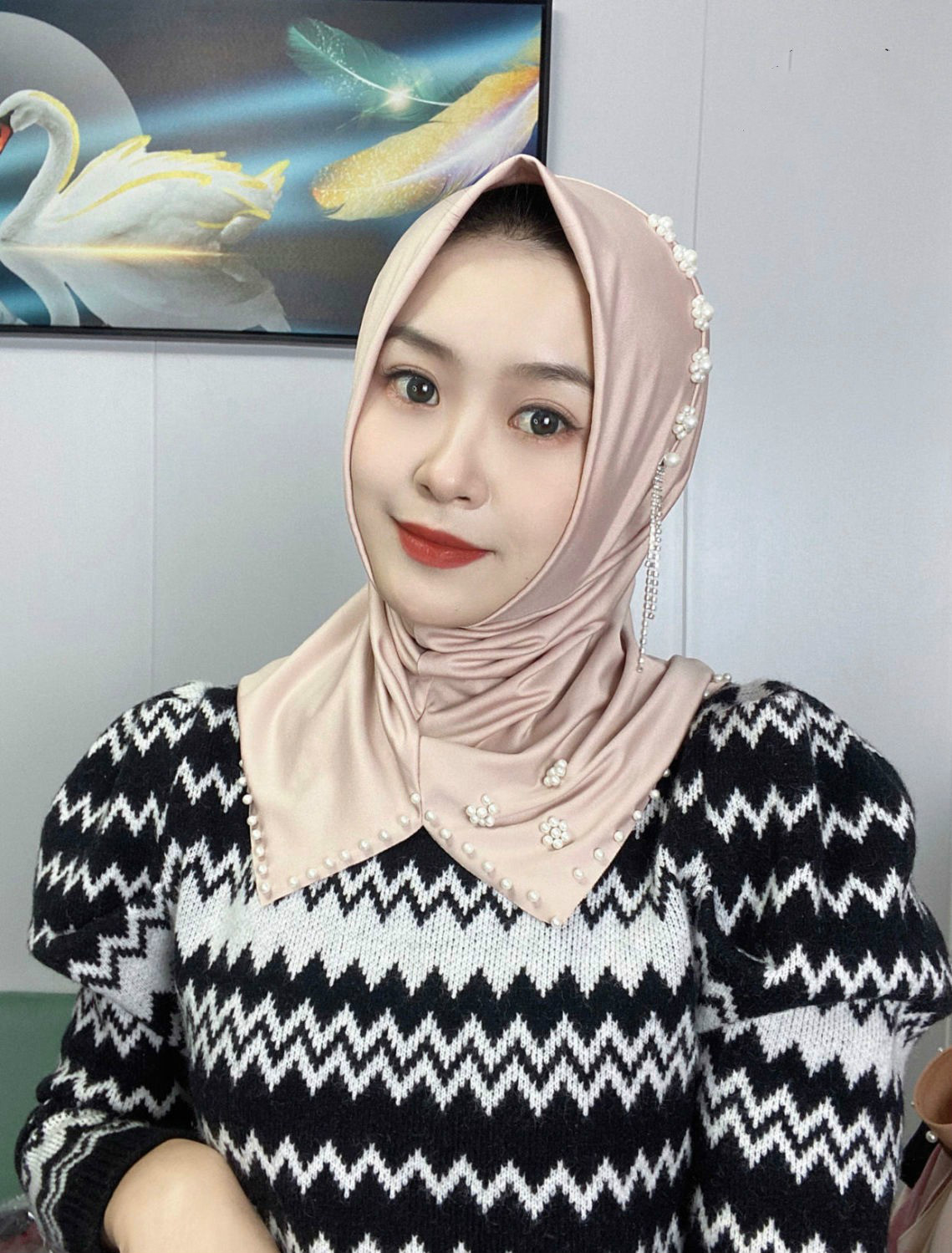 芭雅莲回族女人的套头纱新款小帽檐纱巾套头钉珠流苏头套方便盖头休闲