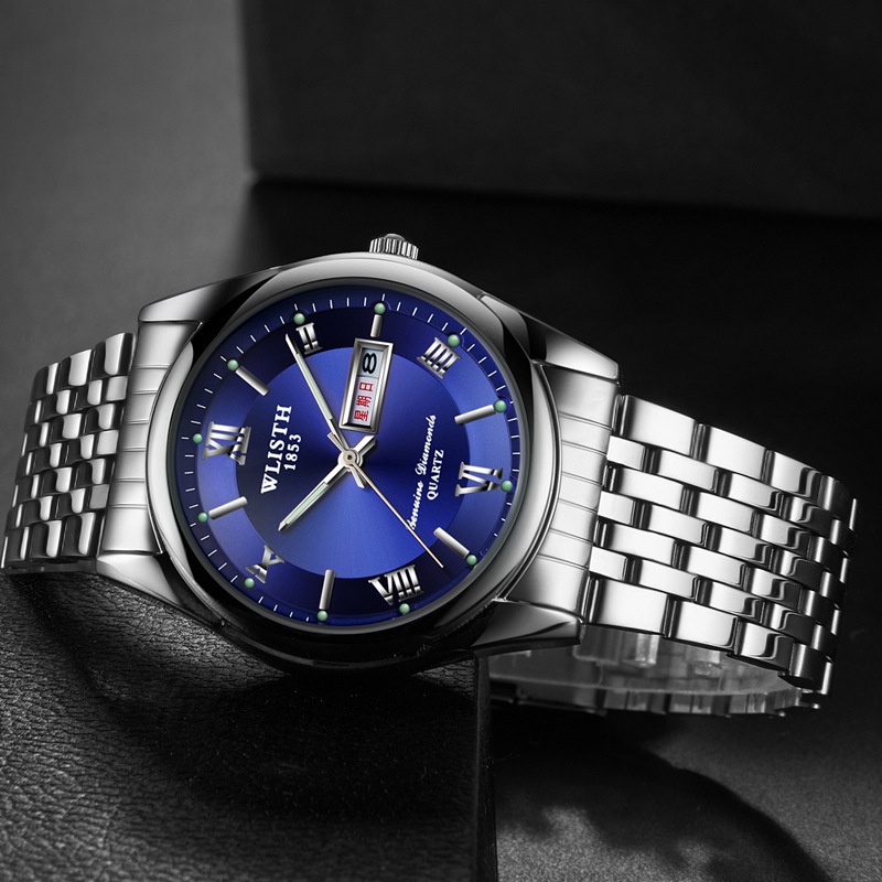 沃力仕/wlisth手表 男钢带石英表商务夜光防水双日历男士手表 黑面