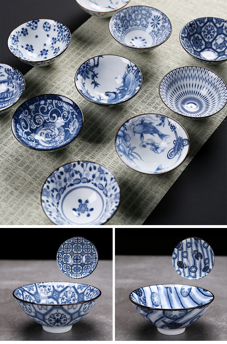 斗笠杯 复古主人杯青花茶杯办公家用斗笠杯陶瓷品茗杯建盏茶盏大碗