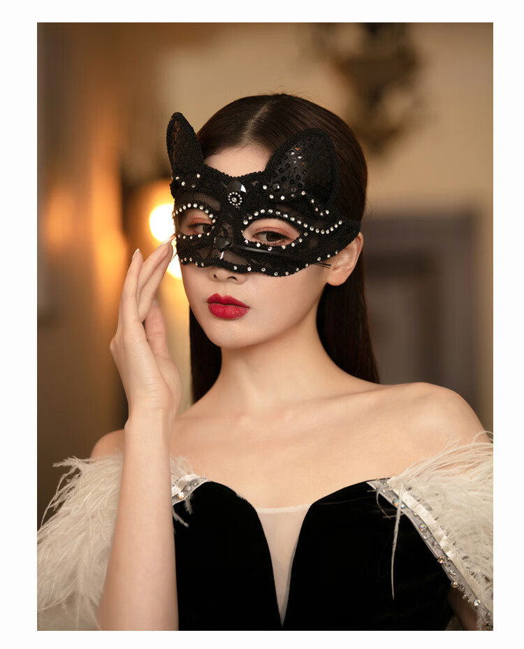 轻奢半脸面具猫耳面具性感小野猫气质黑色万圣节化妆舞会半脸遮面女