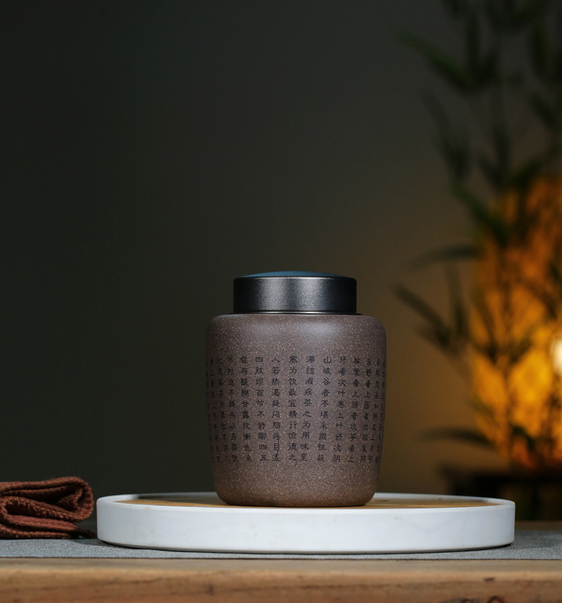 墨珵宜兴紫砂锡盖茶叶罐手工醒茶罐 密封储物茶罐子礼盒包装 青灰段泥
