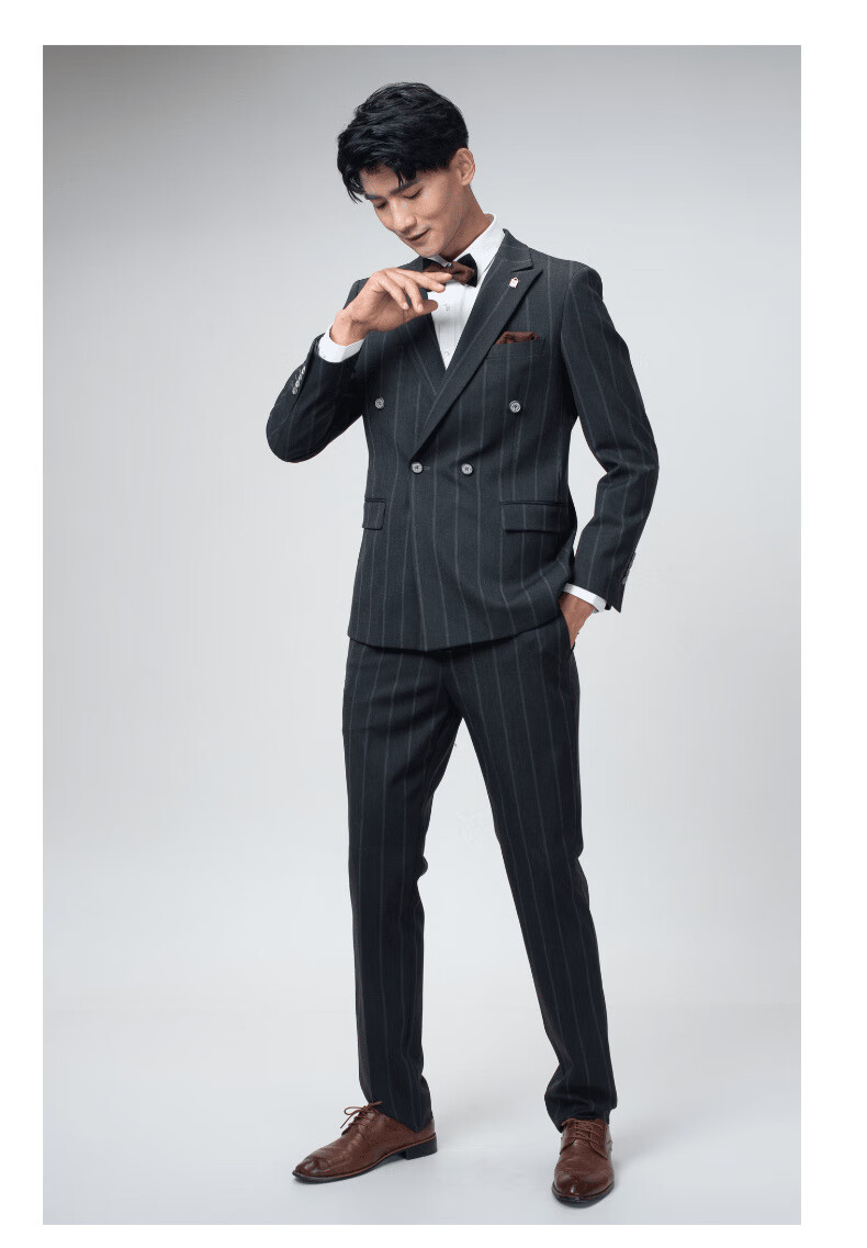 播音主持艺考服装男士西装条纹双排扣戗驳领商务西服韩版修身结婚新郎