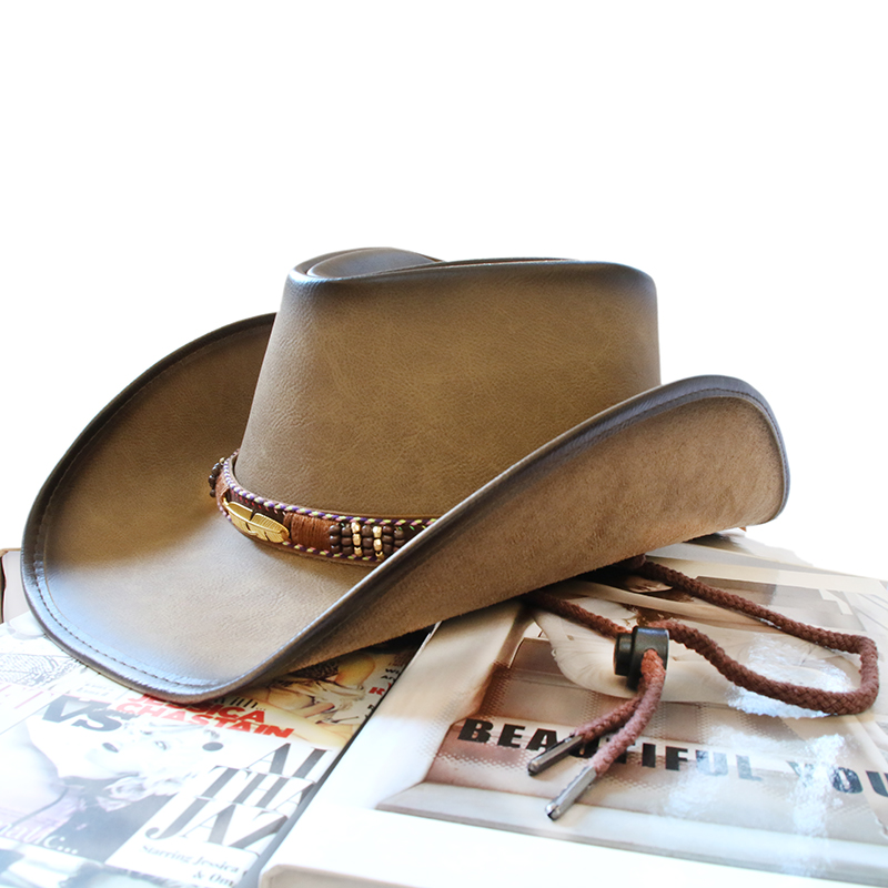 美国西部牛仔帽男女树叶皮革大檐美国西部骑马沙滩帽牛仔帽遮太阳帽子