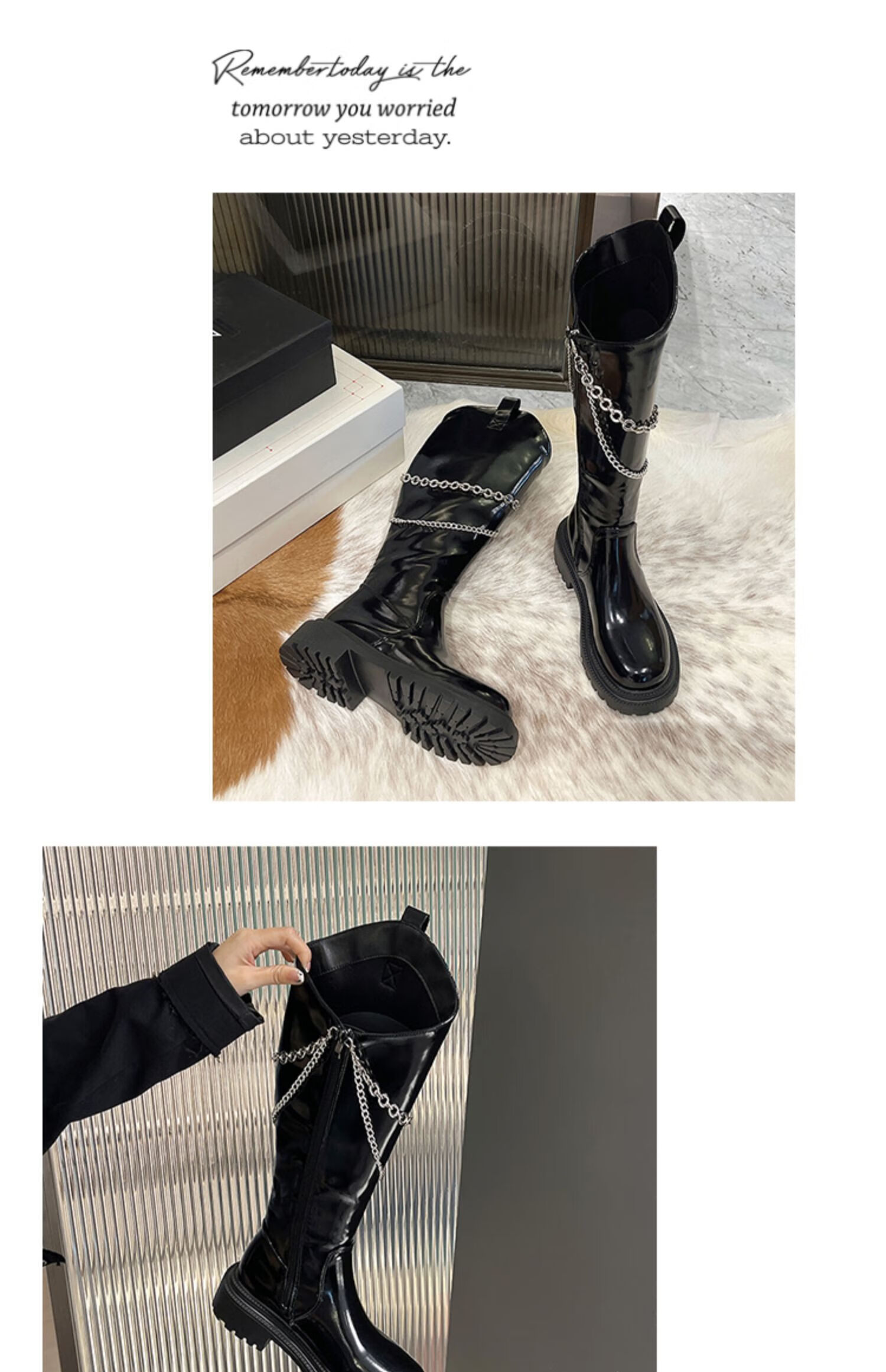 奕辕 大东女靴长靴冬季女生长靴小众复古链条牛仔女生百搭显瘦靴厚底