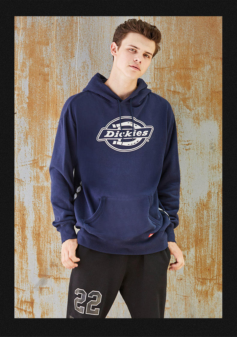 dickies单色logo印花抓绒保暖侧边织带卫衣新款连帽卫衣男bk黑色xxl