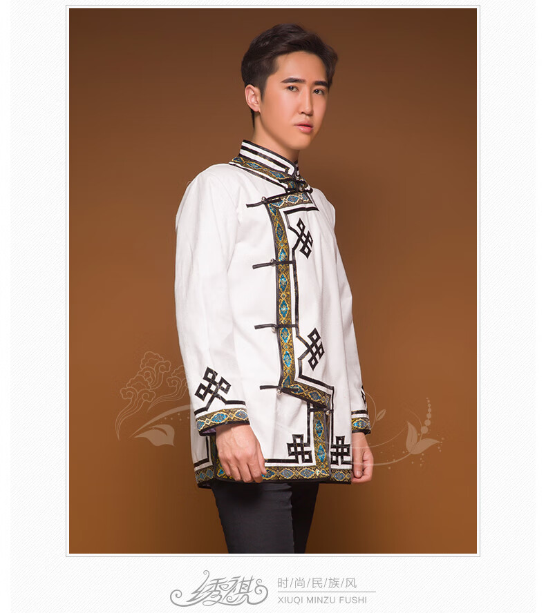 蒙古族服装男士马头琴演出服 少数民族生活装 舞蹈服 短款蒙古袍 驼色