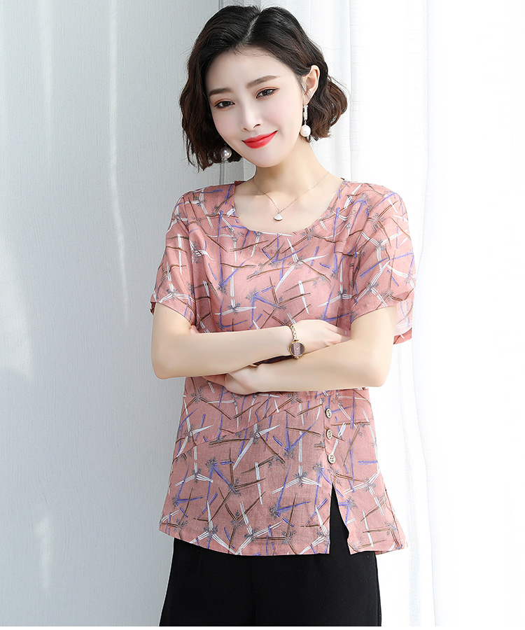 夏天女装棉麻中袖上衣麻料半截袖天丝苎麻t恤女夏季宽松大码短袖印花