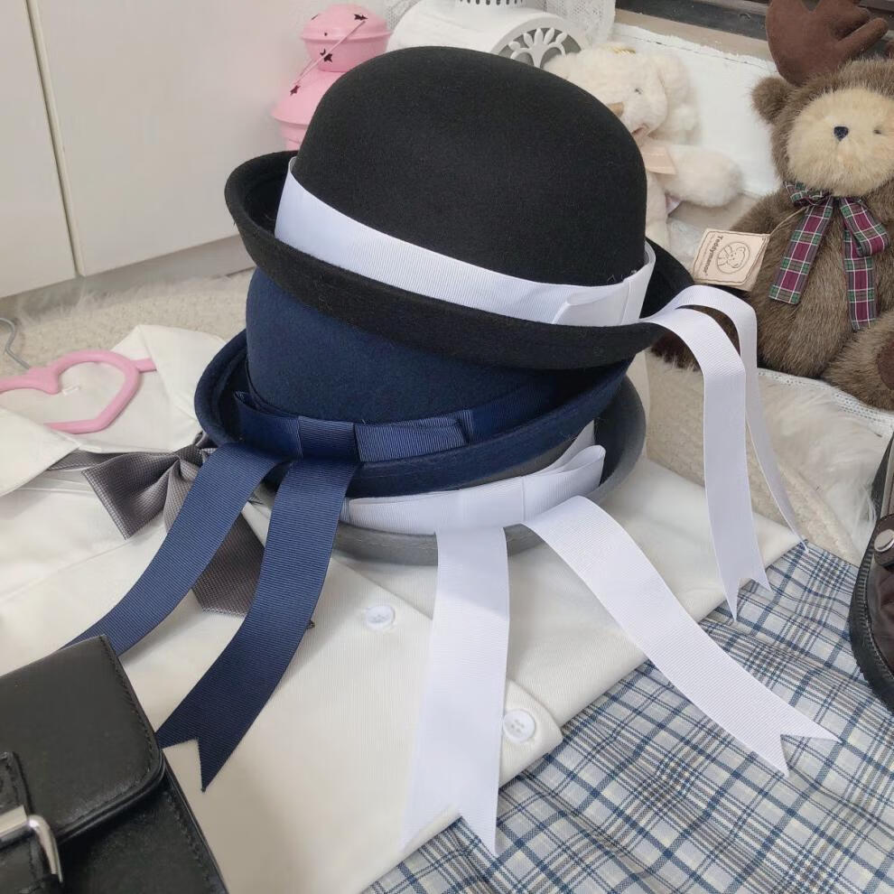 芭雅莲水手帽校供感手作制服帽情侣毛呢学院风蝴蝶结飘帽子猫咪粉色款