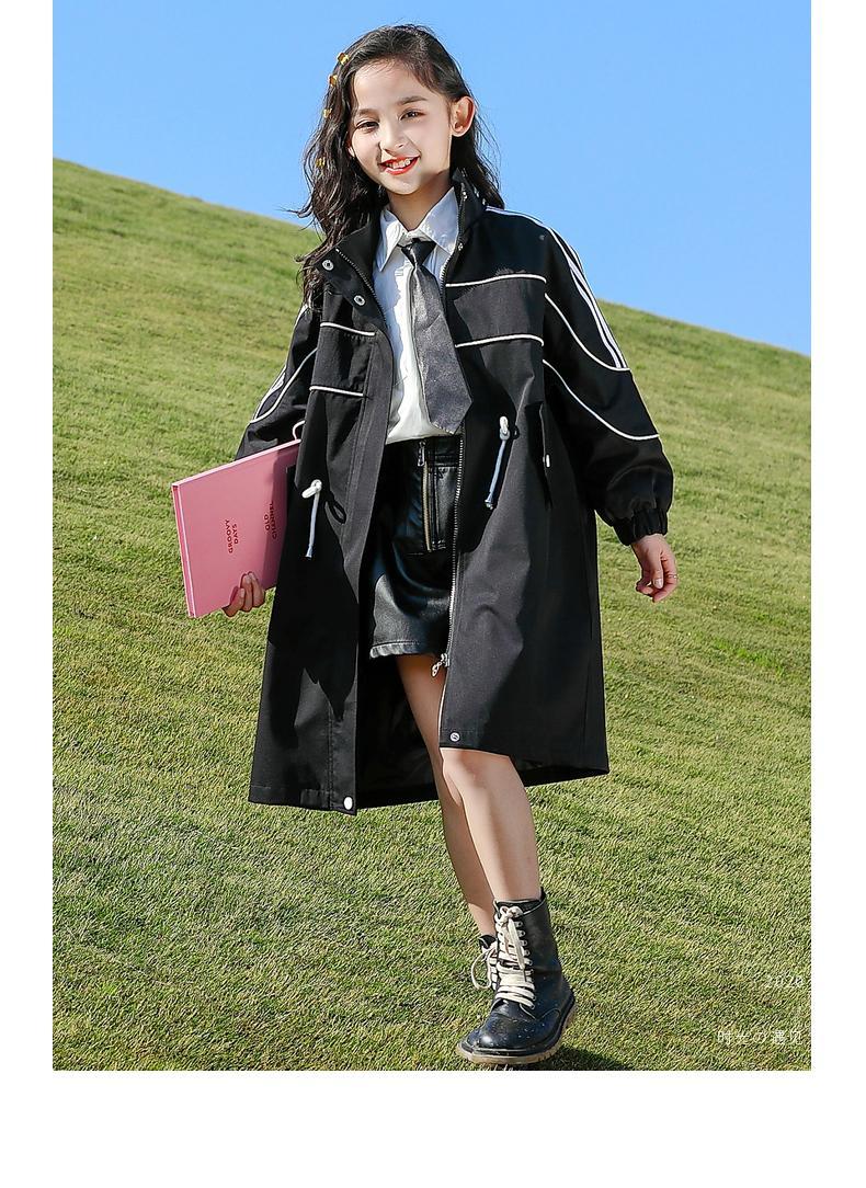女童春装风衣外套洋气中大童儿童时髦女孩中长款公主衣服春秋黑色160