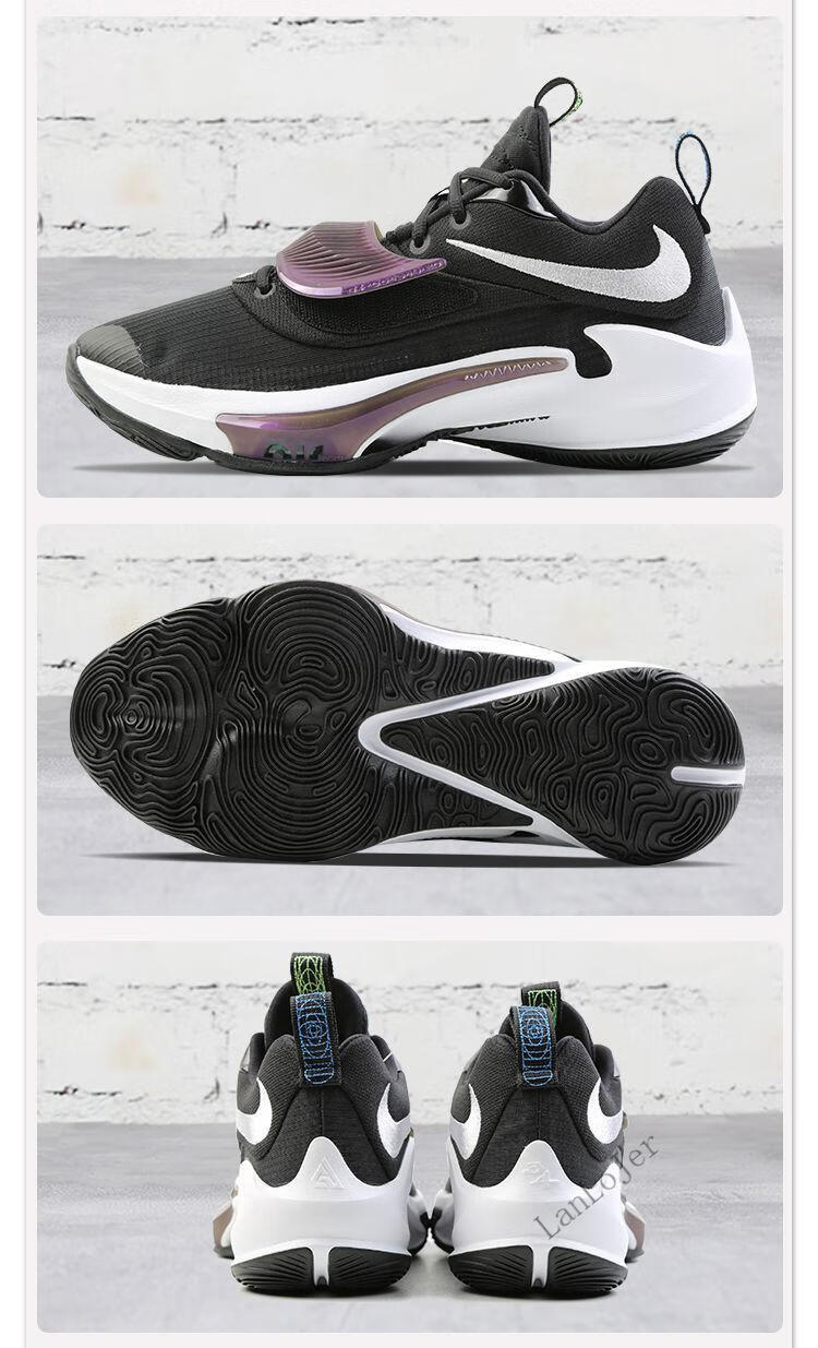 新款纯原字母哥3代篮球鞋简版黑紫男女气垫三代耐磨战靴 字母哥简版