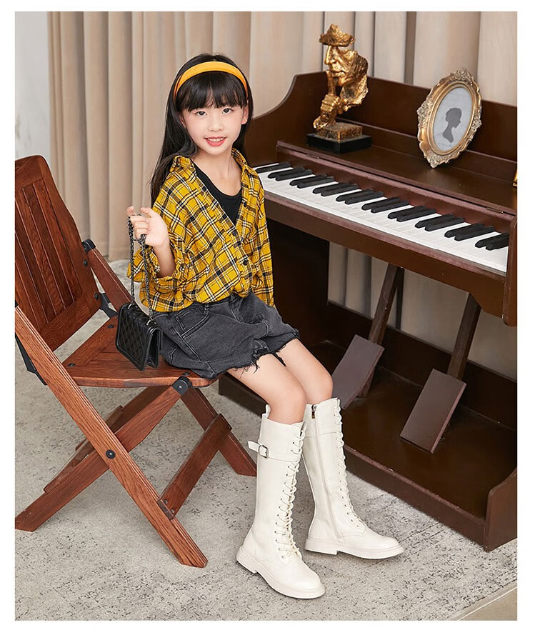 迪士尼商城同款儿童高筒靴小女孩长靴公主中大童皮鞋白色加绒棉靴女童