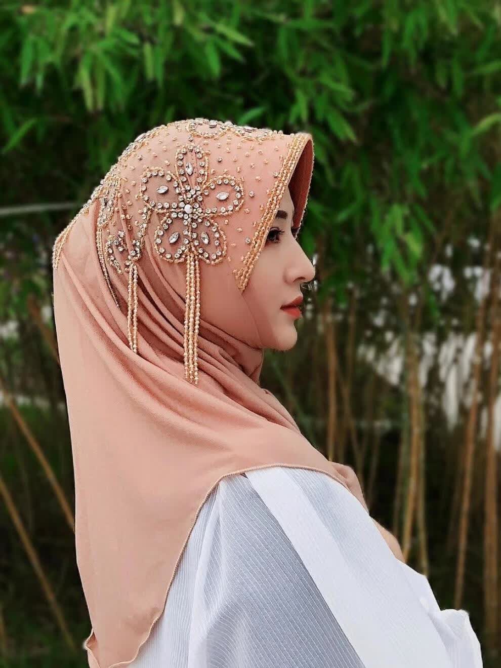 lucaly回族女人的套头纱巾盖头直接套头纱巾包下巴回族头套四季串珠三