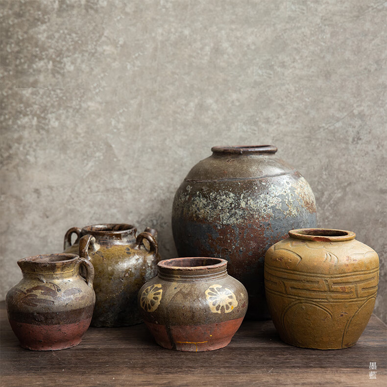 土陶罐旧物老坛子陶罐金缮修复老物件坛子老缸花器禅意中式插花器皿