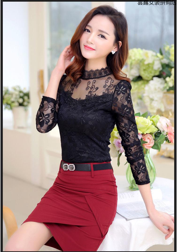 蕾丝打底衫女秋冬长袖大码女装加绒上衣女半高领镂空修身t恤衫女色薄