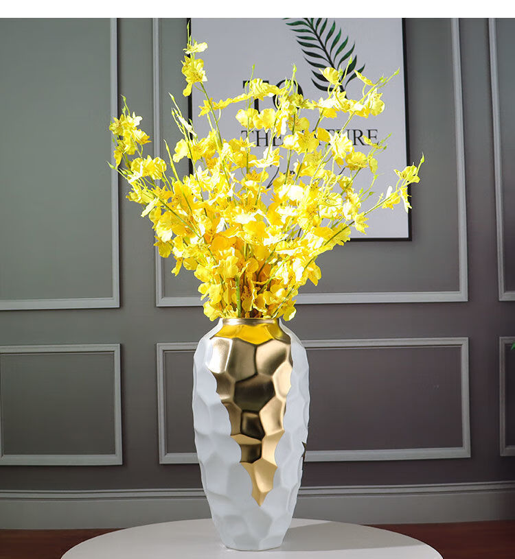 萌然现代简约陶瓷电镀金色花器花瓶摆件欧式样板房个性花器玄关软装饰