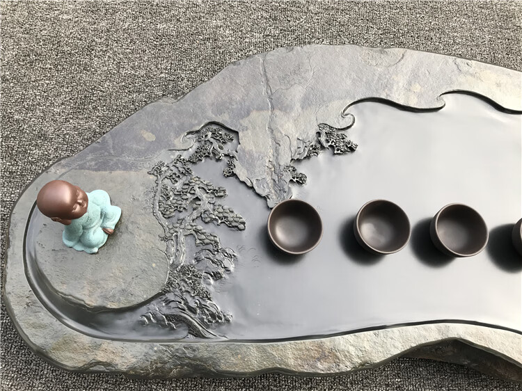 端砚茶盘玉石茶盘自然歙砚原石茶台山水茶盘手工雕刻茶海砚石头茶托