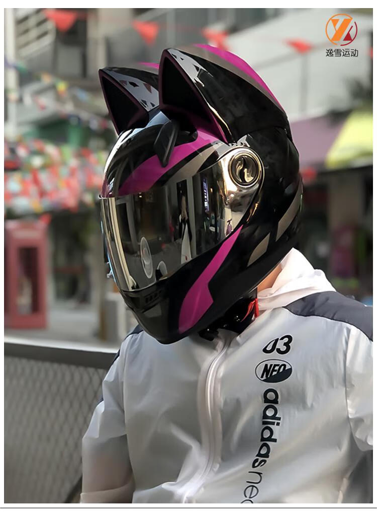 可爱摩托机车全包头盔3c认证猫耳头盔女生摩托车全盔机车蝴蝶结骑士网