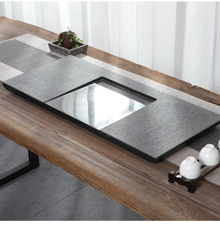 今道乌金石茶盘天然整块火烧石原石高档复古简约家用排水大号长方形茶