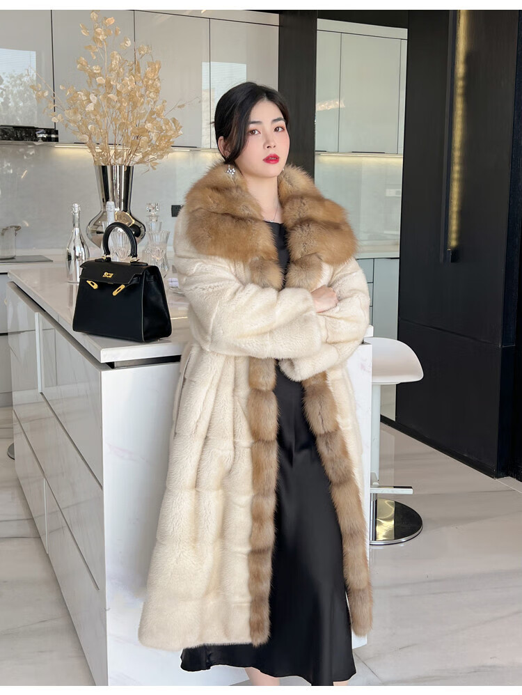 欧迪鸟品牌女装进口天鹅绒貂皮大衣女整貂新款紫貂领长款皮草外套