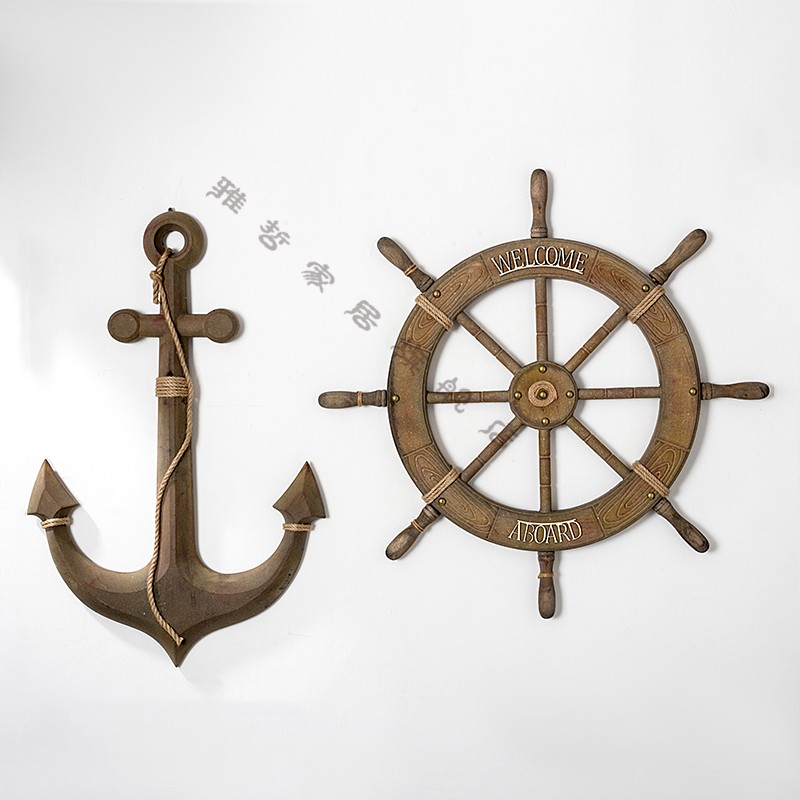 地中海风格舵手装饰船锚船舵组合挂件海洋风装饰舵锚方向盘墙壁饰62鱼