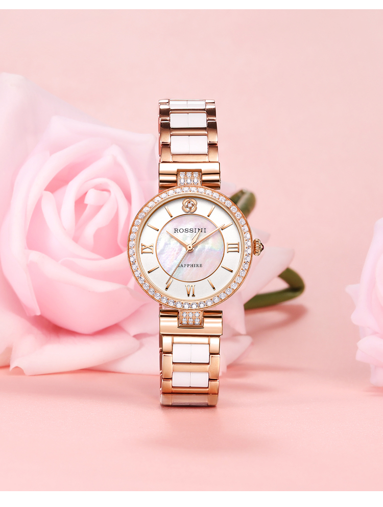 罗西尼手表女士石英表时尚贝母陶瓷钢带防水女士腕表礼盒套装送礼专享