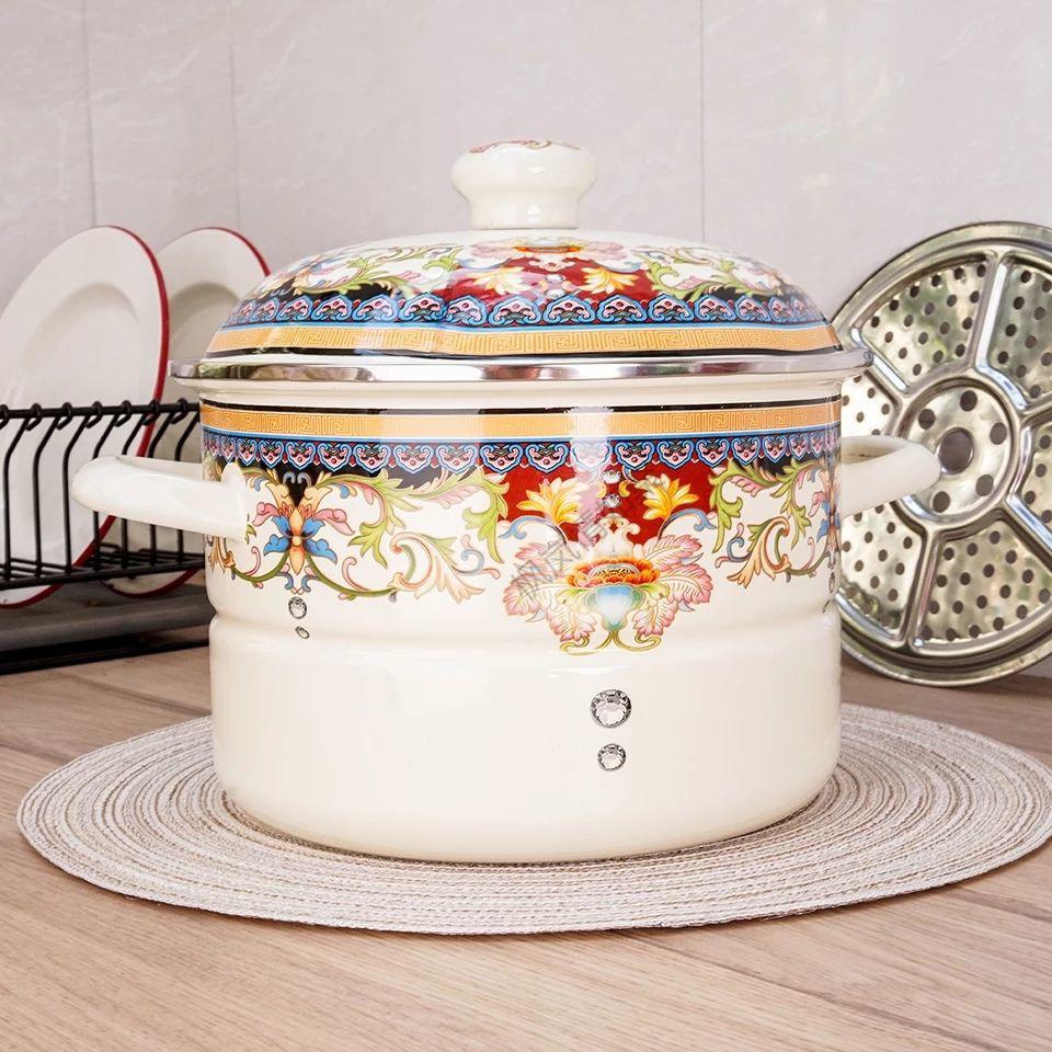 搪瓷盆带盖搪瓷蒸锅炖锅加厚平底汤锅蒸锅可蒸包子馒头电磁炉燃气通用