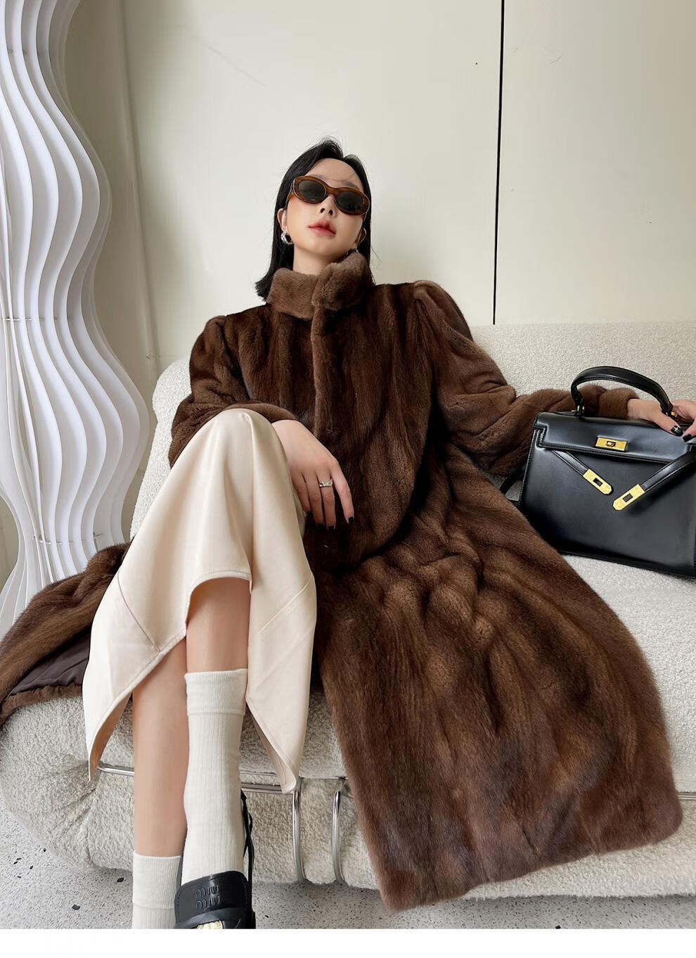 odybird品牌女装貂皮大衣女水貂皮草中长款紫金标短二裘皮外套 咖啡色