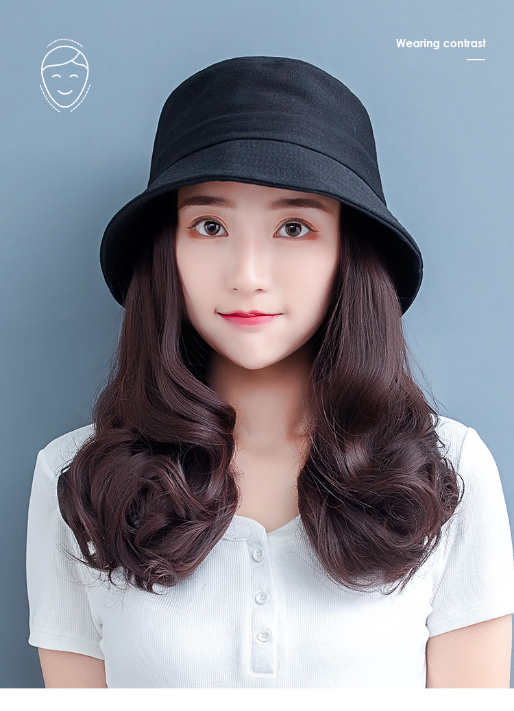 渔夫帽假发假发帽子可拆卸夏季一体女时尚网红潮流自然仿真中长短卷发