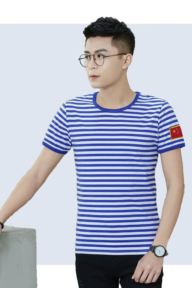军训服海军t恤海魂衫男短袖t恤纯棉夏季蓝白条纹海军风情侣宽松圆领