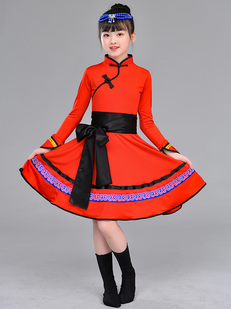 少数民族儿童蒙古族演出服装女童藏族民族舞蹈服蒙族表演服装酒红色