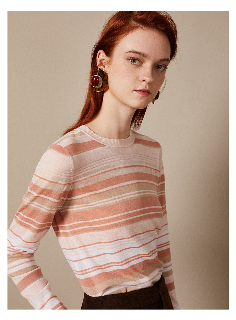 新品女装简约百搭条纹羊毛针织衫sn9k411jkw001 cameo brown strp l