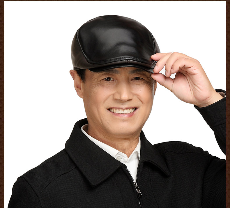 老板皮帽秋羊皮休闲鸭舌前进帽男冬天中老年人贝雷帽真皮爸爸保暖帽子