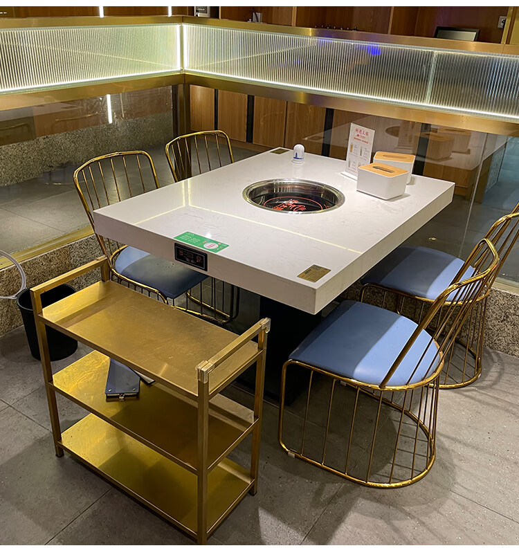 桌无烟大理石火锅桌子电磁炉一体圆桌自助烤肉桌子商用串串烧烤餐桌
