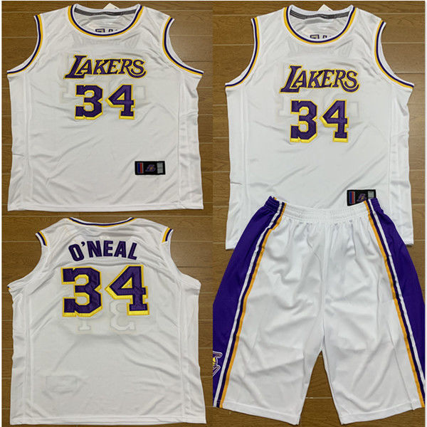 篮球服套装定制奥尼尔复古刺绣球衣湖人队34号大鲨鱼加大码加肥篮球服